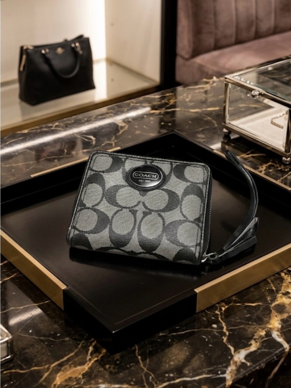 Coach Peyton Black & Gray Signature Zip Wristlet Card Holder